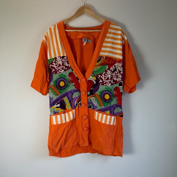 Dolce Sweaters - Dolce Cardigan Top Womens L Orange Excellent Abstract Print Short Sleeve Button